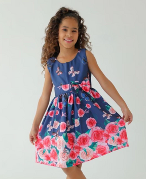 Vestido Infantil Menina Floral Rodado – Estampa de Flores e Cores Lisas Casual Festa Lançamento