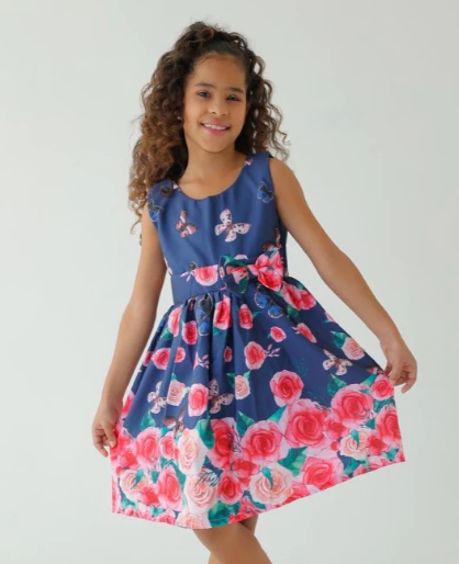 Vestido Infantil Menina Floral Rodado – Estampa de Flores e Cores Lisas Casual Festa Lançamento