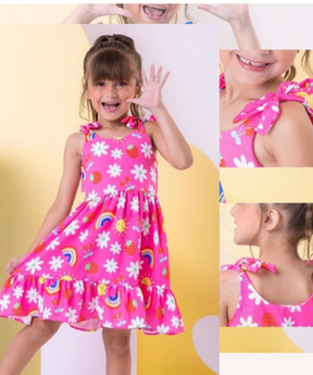 Vestido Infantil Menina Floral Rodado – Estampa de Flores e Cores Lisas Casual Festa Lançamento