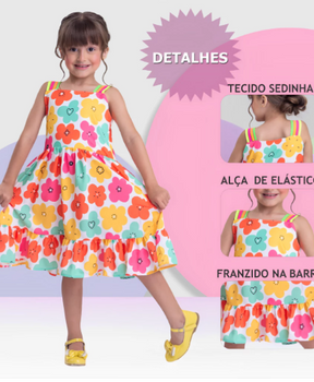 Vestido Infantil Menina Floral Rodado – Estampa de Flores e Cores Lisas Casual Festa Lançamento