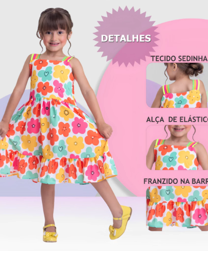 Vestido Infantil Menina Floral Rodado – Estampa de Flores e Cores Lisas Casual Festa Lançamento