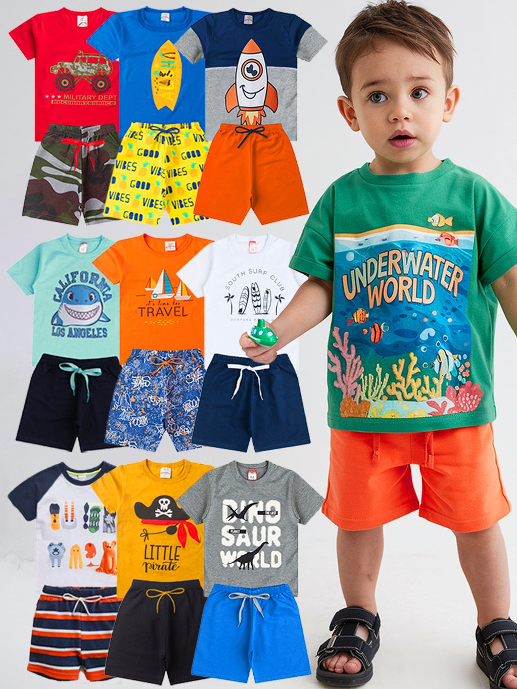 Kit 6 Conjuntos Infantis Masculinos Verão – Camiseta e Short Estampado