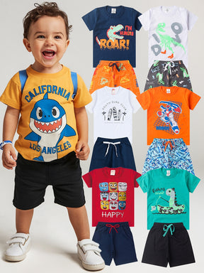 Kit 6 Conjuntos Infantis Masculinos Verão – Camiseta e Short Estampado