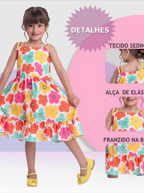 Vestido Infantil Menina Floral Rodado – Estampa de Flores e Cores Lisas Casual Festa Lançamento