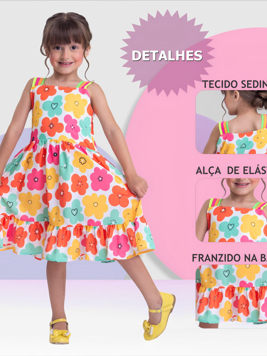 Vestido Infantil Menina Floral Rodado – Estampa de Flores e Cores Lisas Casual Festa Lançamento
