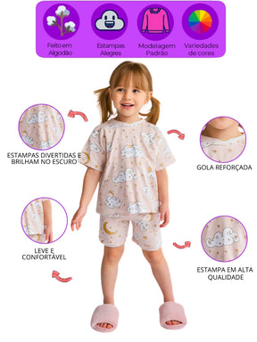 Kit 6 Pijamas Infantis Femininos – Blusa e Short Estampado Menina