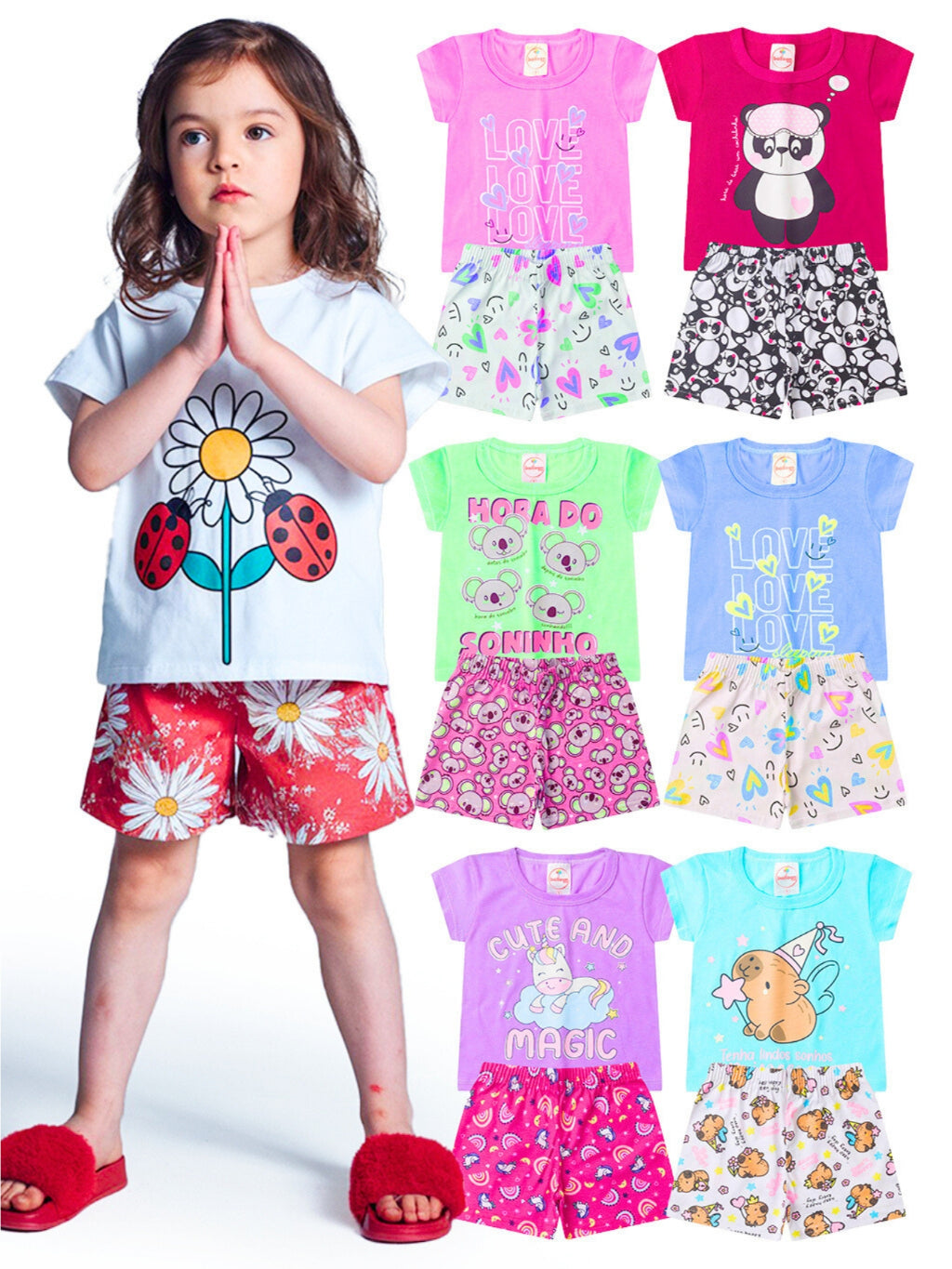 Kit 6 Pijamas Infantis Femininos – Blusa e Short Estampado Menina