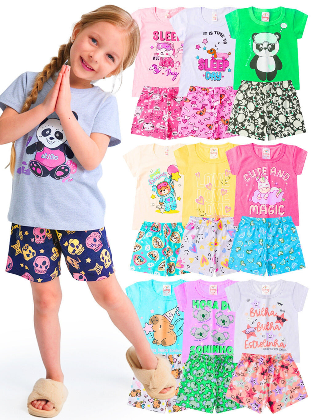 Kit 6 Pijamas Infantis Femininos – Blusa e Short Estampado Menina