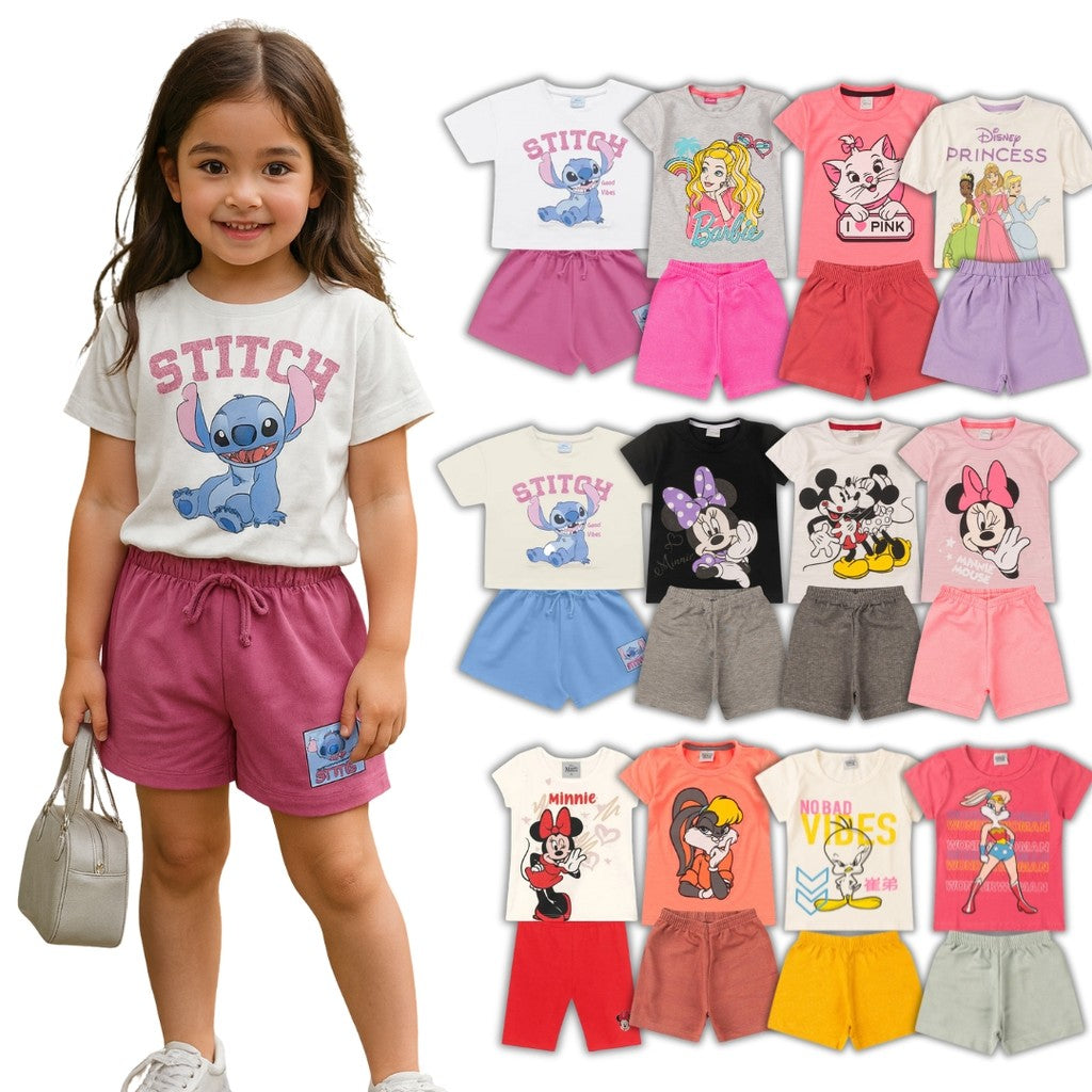 Kit Conjuntos Infantis Femininos Disney – Blusa e Short Estampado Menina